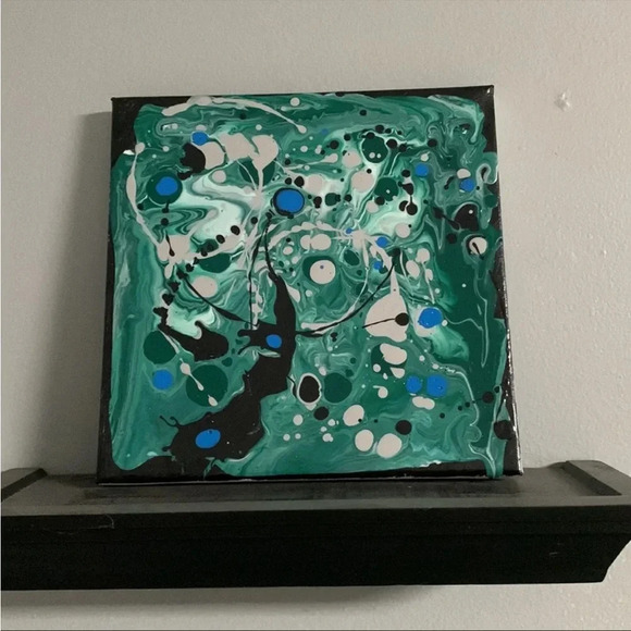Original Paint Pour Art - 8x8 wrapped canvas with greens, blue, silver & white - Picture 10 of 11